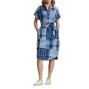 POLO RALPH LAUREN indigo patchwork-ss lurne cotton shirt dress sz 10